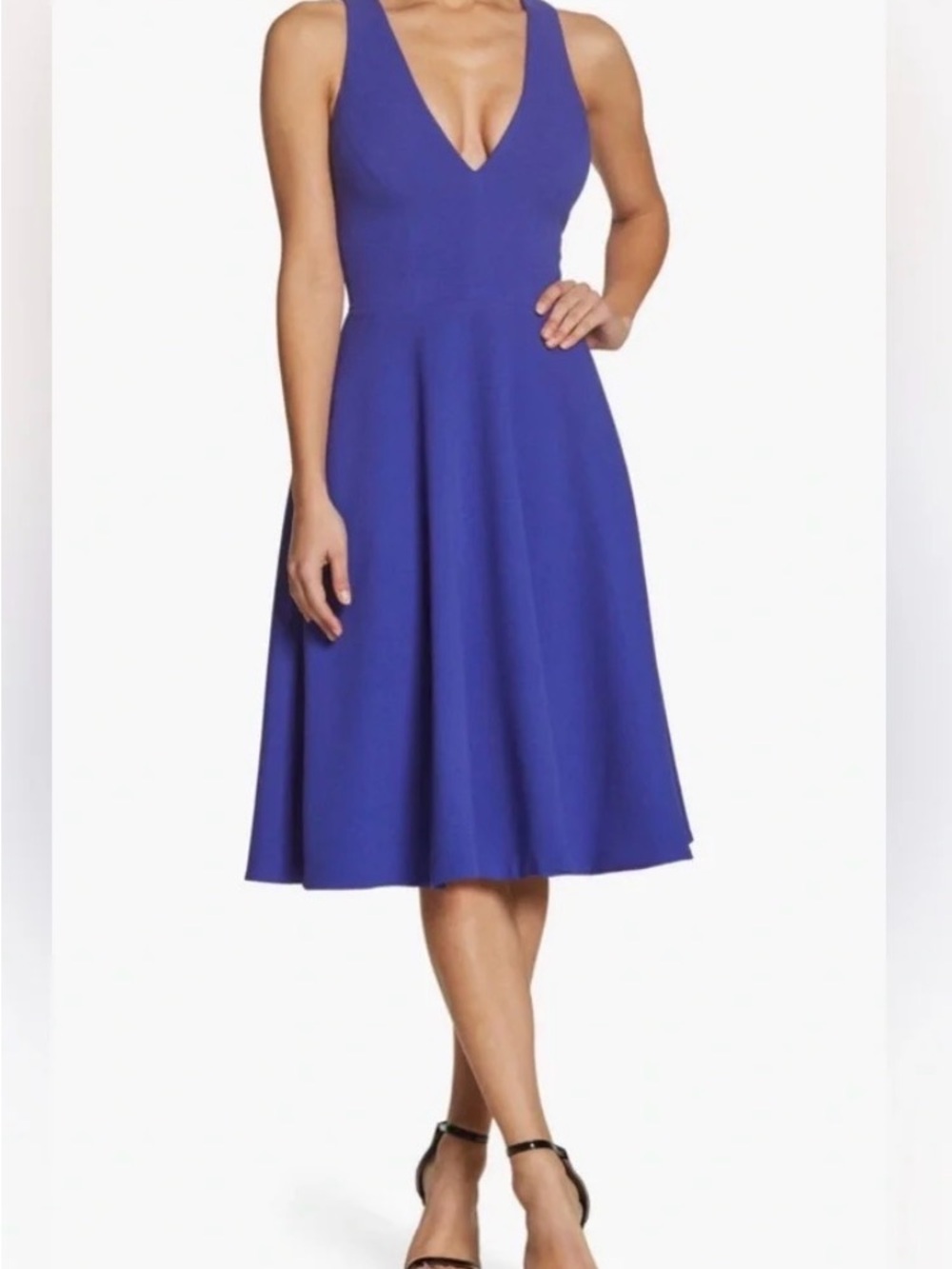 Dress the Population Cobalt Blue V-Neck Fit-and-Flare Midi Dress